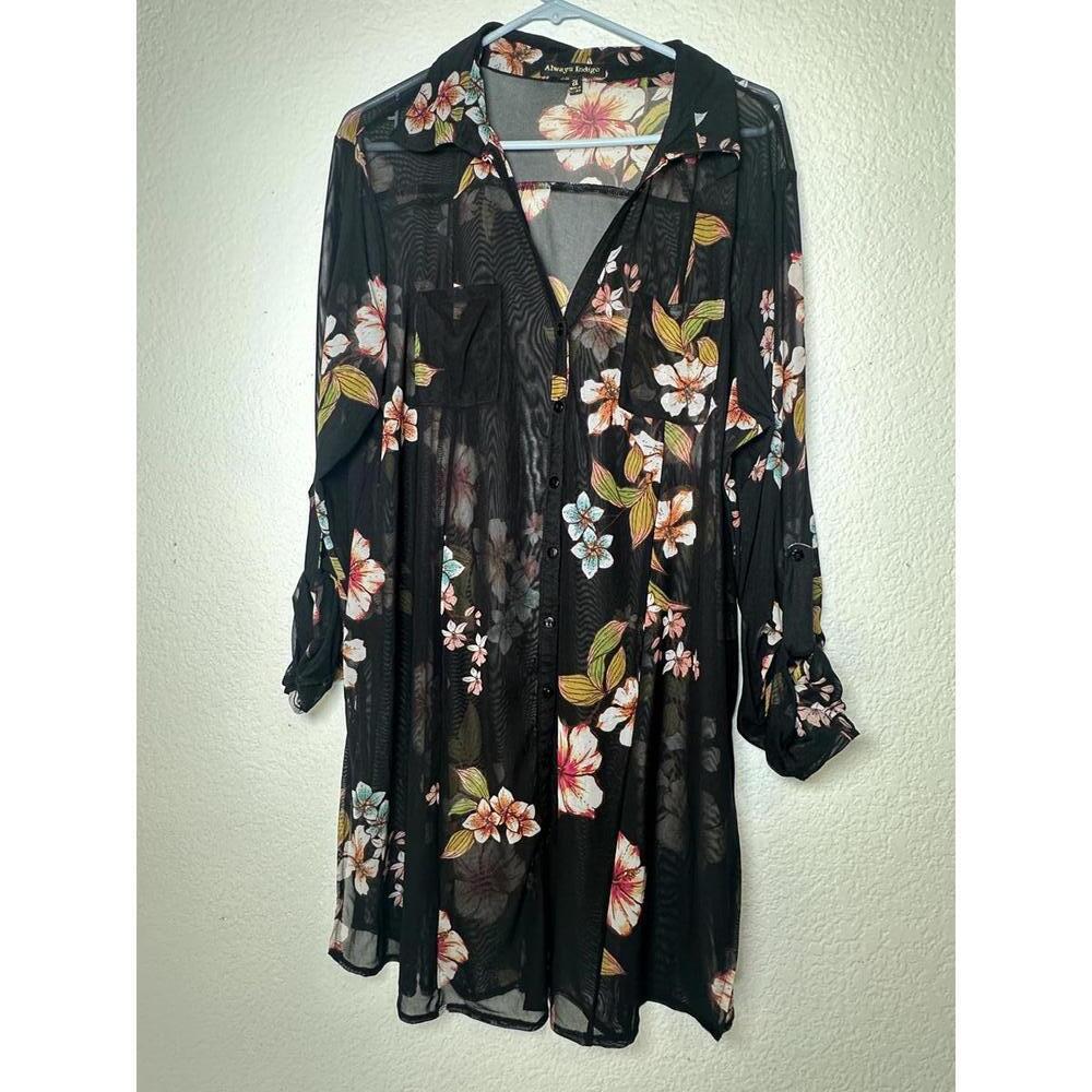 Women’s 2XL Always Indigo Sheer Button Up Floral Oversized Blouse Stretchy